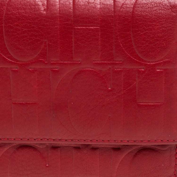 Pre Owned Carolina Herrera Red Monogram Embossed Leather Trifold Wallet