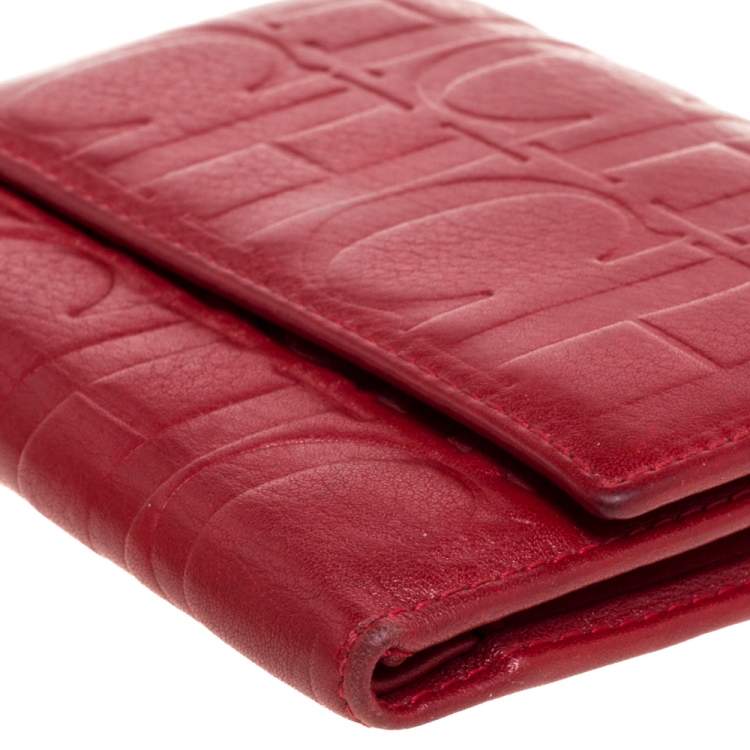 Pre Owned Carolina Herrera Red Monogram Embossed Leather Trifold Wallet