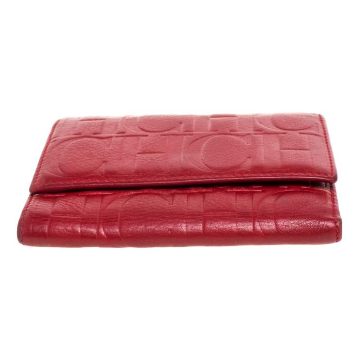 Pre Owned Carolina Herrera Red Monogram Embossed Leather Trifold Wallet