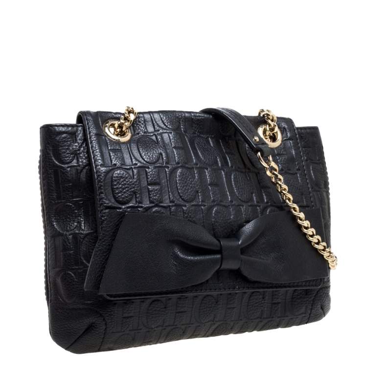 Pre Owned Carolina Herrera Black Monogram Leather Audrey Shoulder Bag