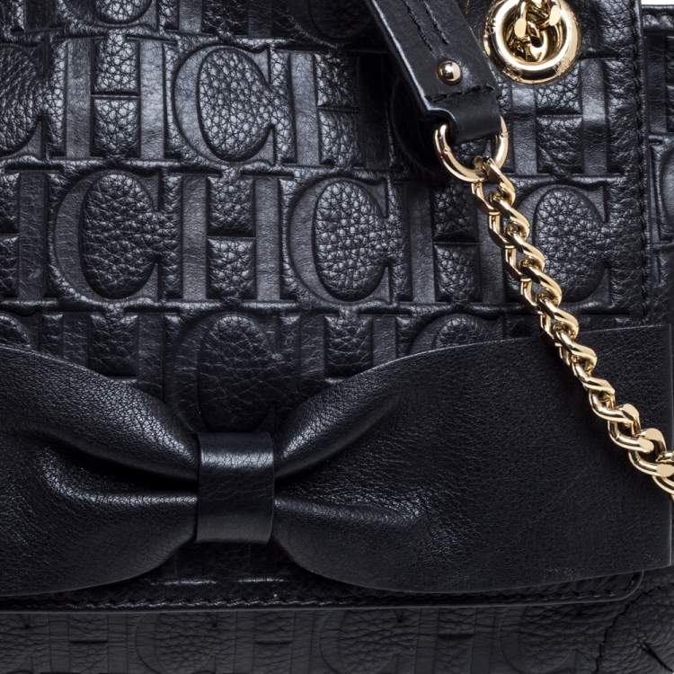 Pre Owned Carolina Herrera Black Monogram Leather Audrey Shoulder Bag