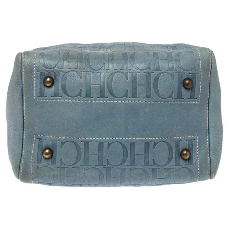 Pre Owned Carolina Herrera Light Blue Embossed Leather Andy Boston Bag