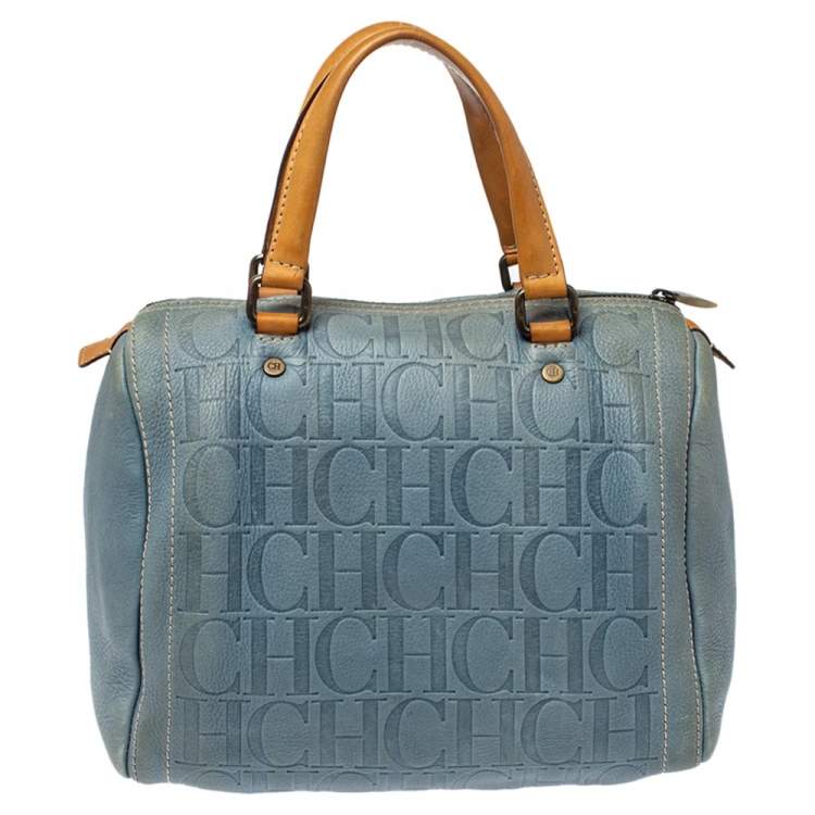 Pre Owned Carolina Herrera Light Blue Embossed Leather Andy Boston Bag