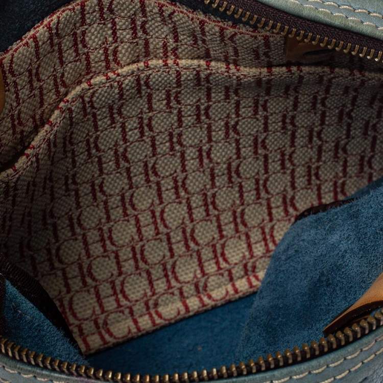 Pre Owned Carolina Herrera Light Blue Embossed Leather Andy Boston Bag