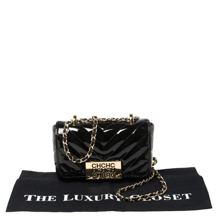 Pre Owned Carolina Herrera Black Chevron Quilt Patent Leather Mini Bimba Chain Bag