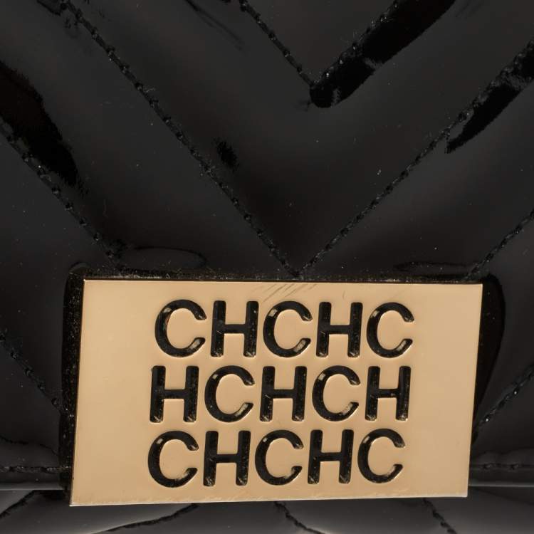 Pre Owned Carolina Herrera Black Chevron Quilt Patent Leather Mini Bimba Chain Bag