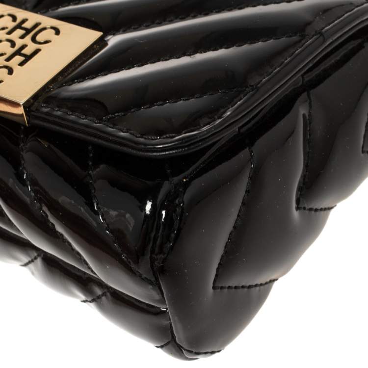 Pre Owned Carolina Herrera Black Chevron Quilt Patent Leather Mini Bimba Chain Bag