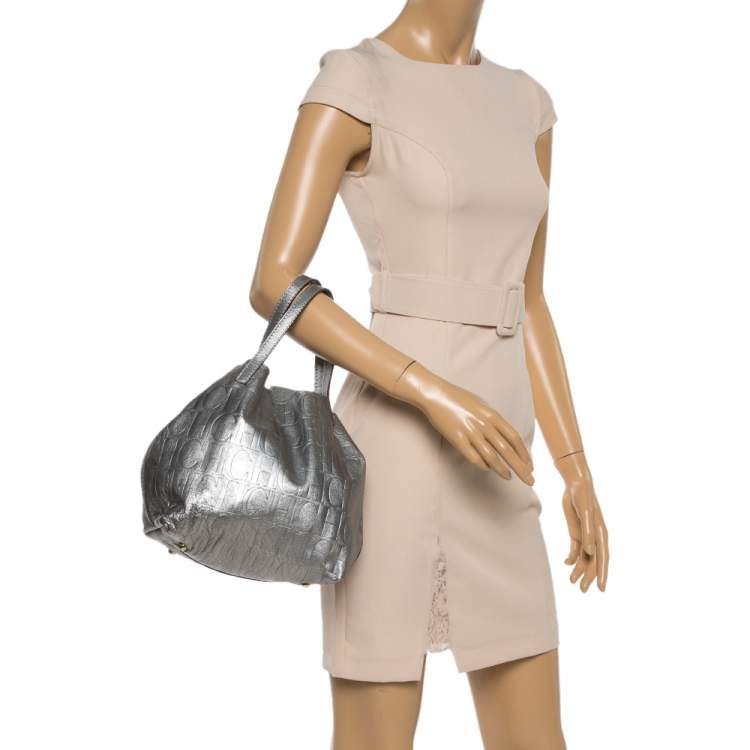 Pre Owned Carolina Herrera Metallic Silver Monogram Leather Matryoshka Tote