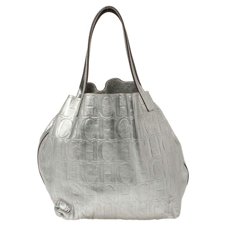 Pre Owned Carolina Herrera Metallic Silver Monogram Leather Matryoshka Tote