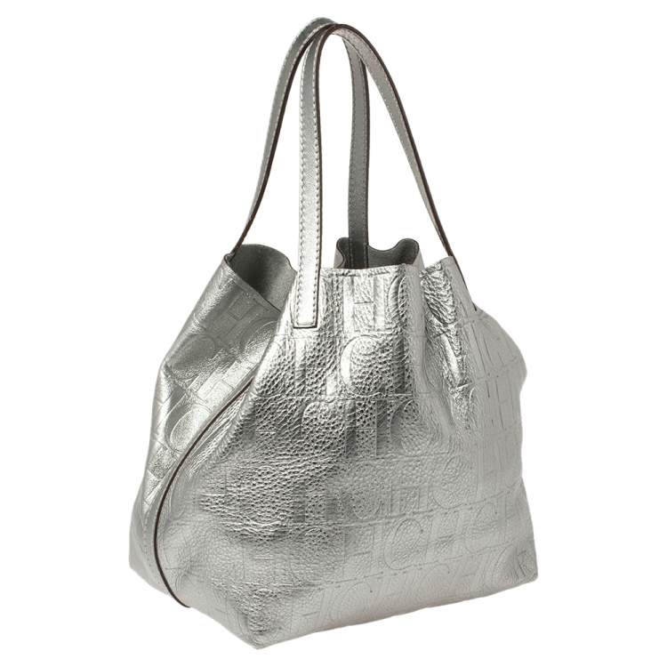 Pre Owned Carolina Herrera Metallic Silver Monogram Leather Matryoshka Tote