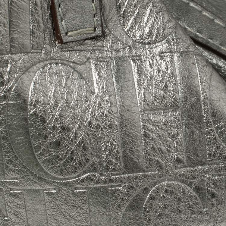 Pre Owned Carolina Herrera Metallic Silver Monogram Leather Matryoshka Tote