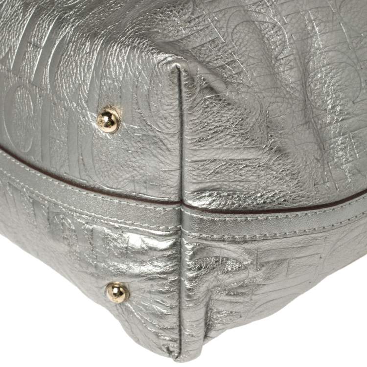 Pre Owned Carolina Herrera Metallic Silver Monogram Leather Matryoshka Tote