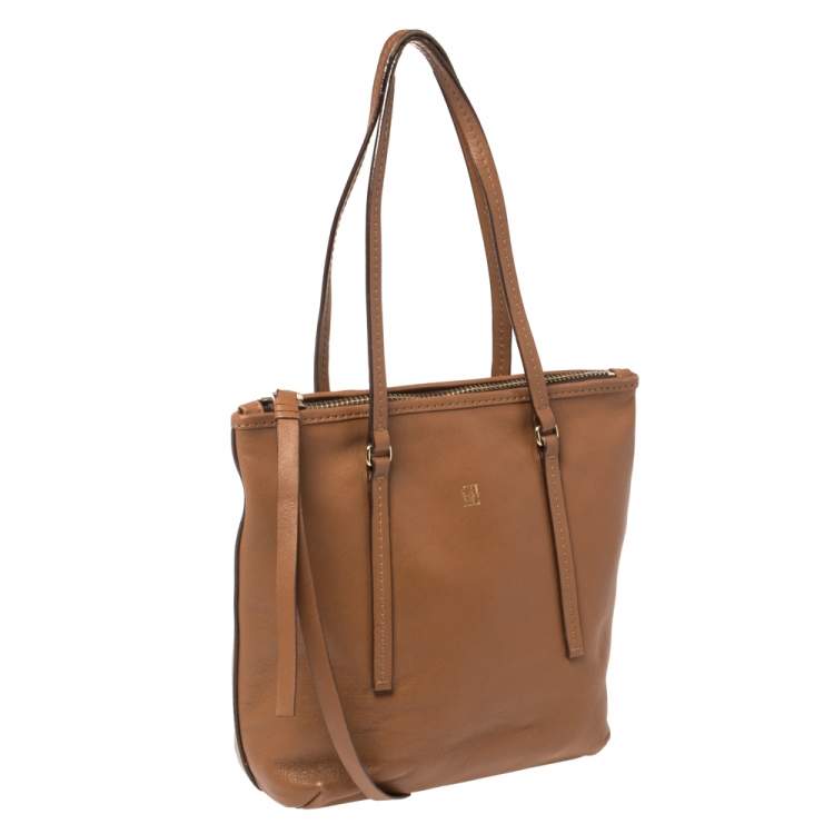Pre Owned Carolina Herrera Brown Leather Top Zip Tote