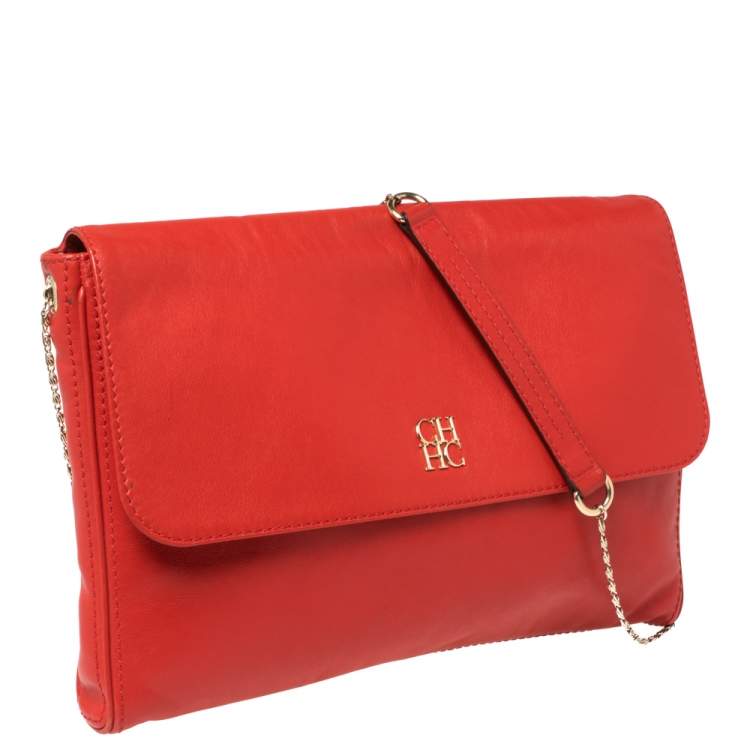 Pre Owned Carolina Herrera Crimson Red Leather Flap Chain Shoulder Bag