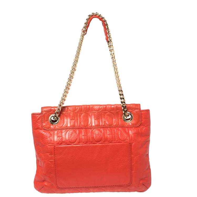 Pre Owned Carolina Herrera Orange Monogram Leather Audrey Shoulder Bag