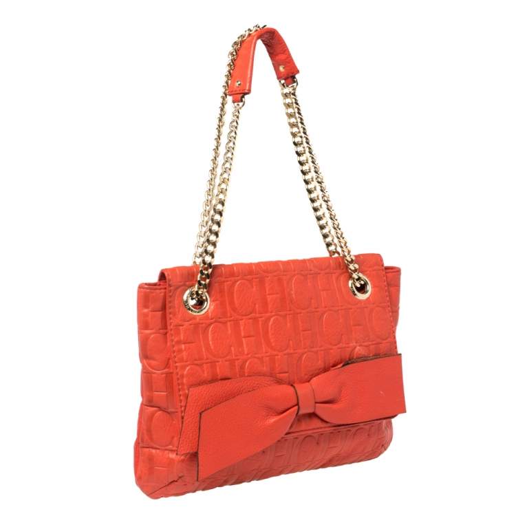 Pre Owned Carolina Herrera Orange Monogram Leather Audrey Shoulder Bag