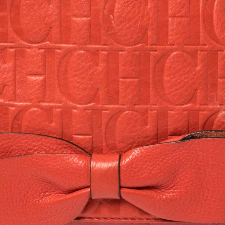 Pre Owned Carolina Herrera Orange Monogram Leather Audrey Shoulder Bag