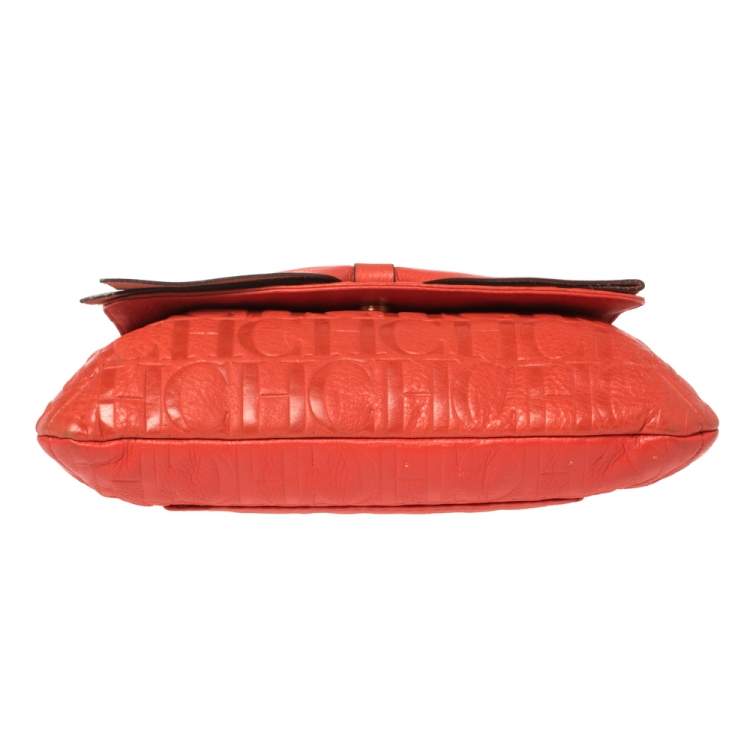 Pre Owned Carolina Herrera Orange Monogram Leather Audrey Shoulder Bag