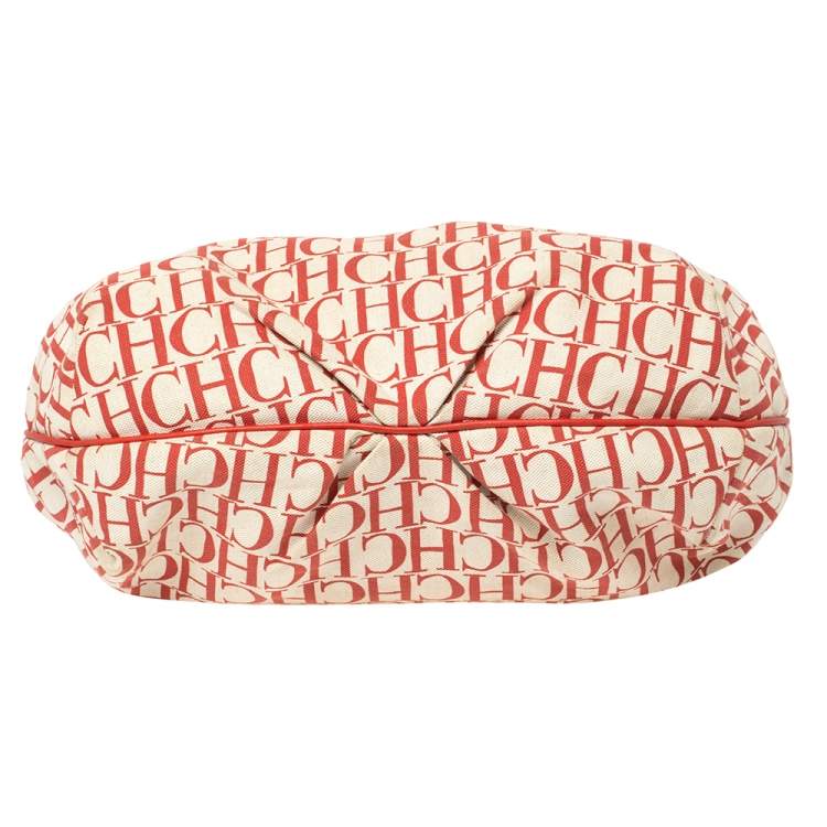 Pre Owned Carolina Herrera Red Signature Canvas and Leather Double Strap Hobo