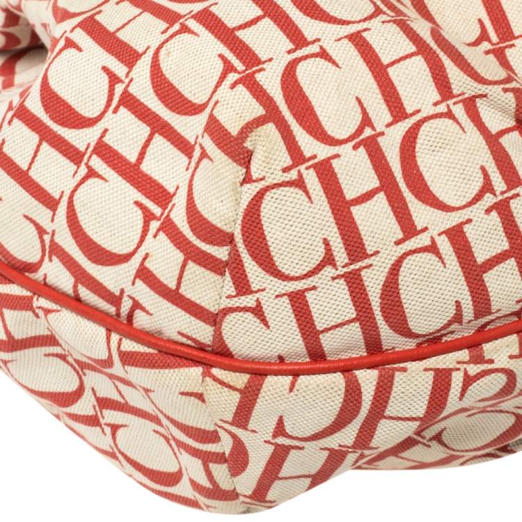 Pre Owned Carolina Herrera Red Signature Canvas and Leather Double Strap Hobo