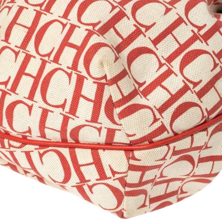 Pre Owned Carolina Herrera Red Signature Canvas and Leather Double Strap Hobo