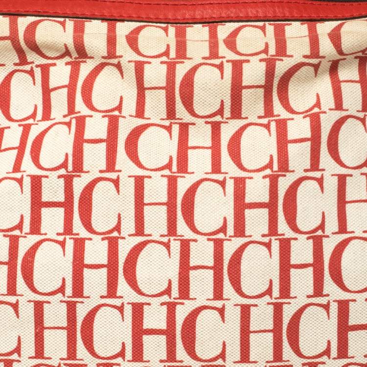 Pre Owned Carolina Herrera Red Signature Canvas and Leather Double Strap Hobo