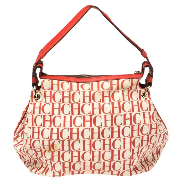 Pre Owned Carolina Herrera Red Signature Canvas and Leather Double Strap Hobo