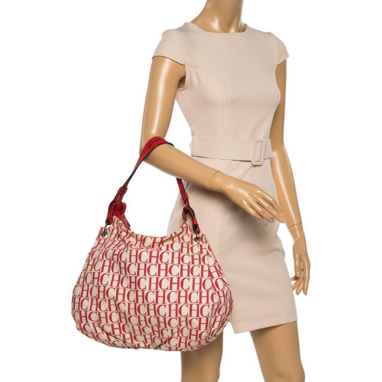 Pre Owned Carolina Herrera Red Signature Canvas and Leather Double Strap Hobo