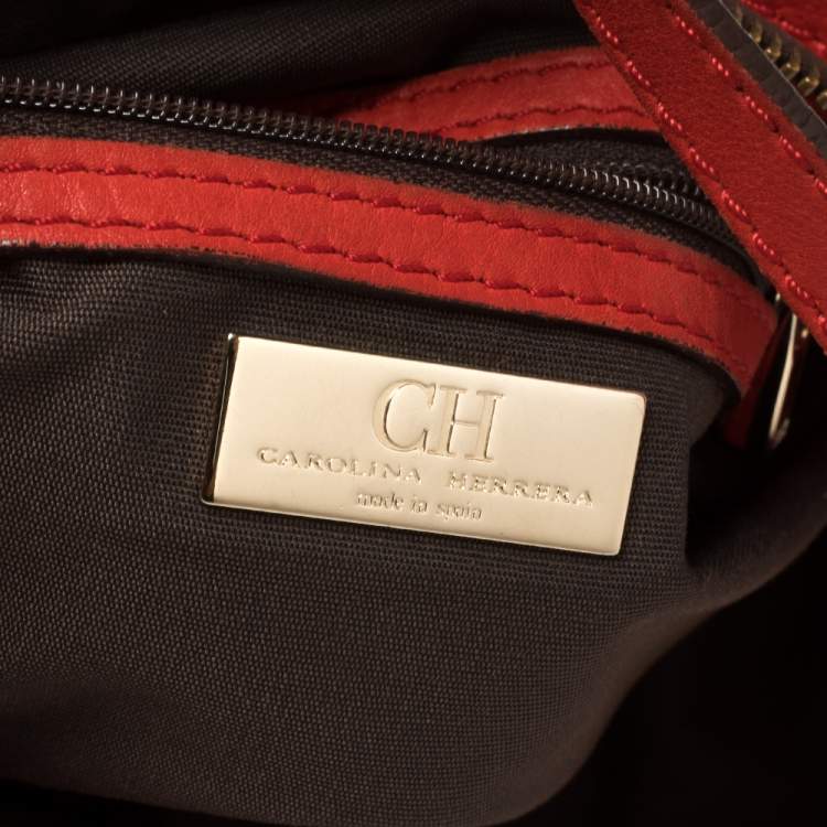 Pre Owned Carolina Herrera Red Signature Canvas and Leather Double Strap Hobo