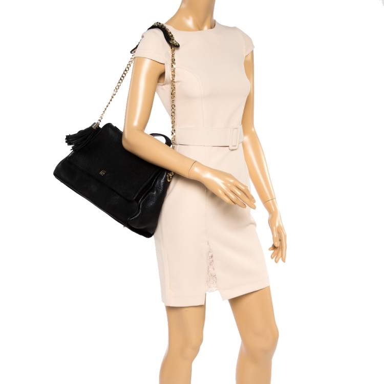 Pre Owned Carolina Herrera Black Leather Flap Tassel Top Handle Bag