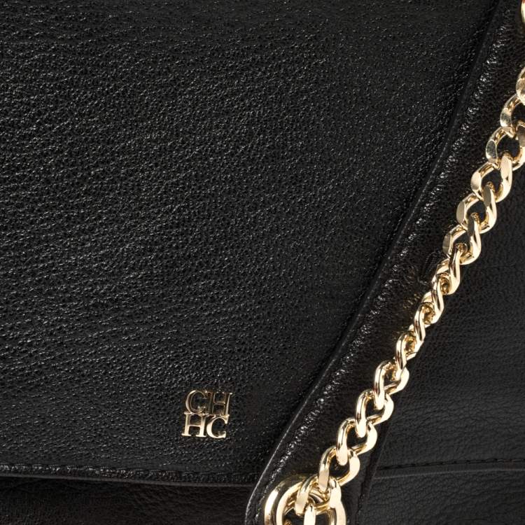Pre Owned Carolina Herrera Black Leather Flap Tassel Top Handle Bag