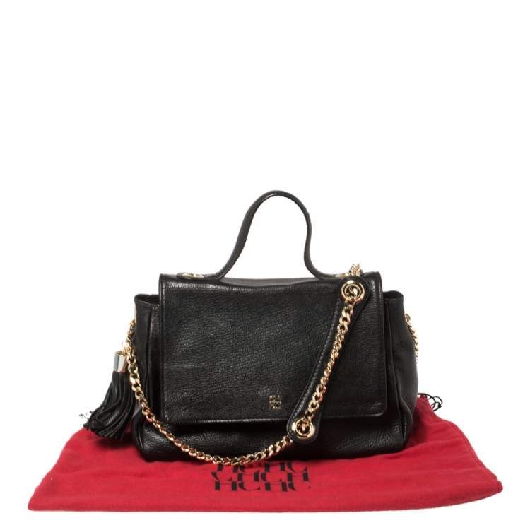 Pre Owned Carolina Herrera Black Leather Flap Tassel Top Handle Bag