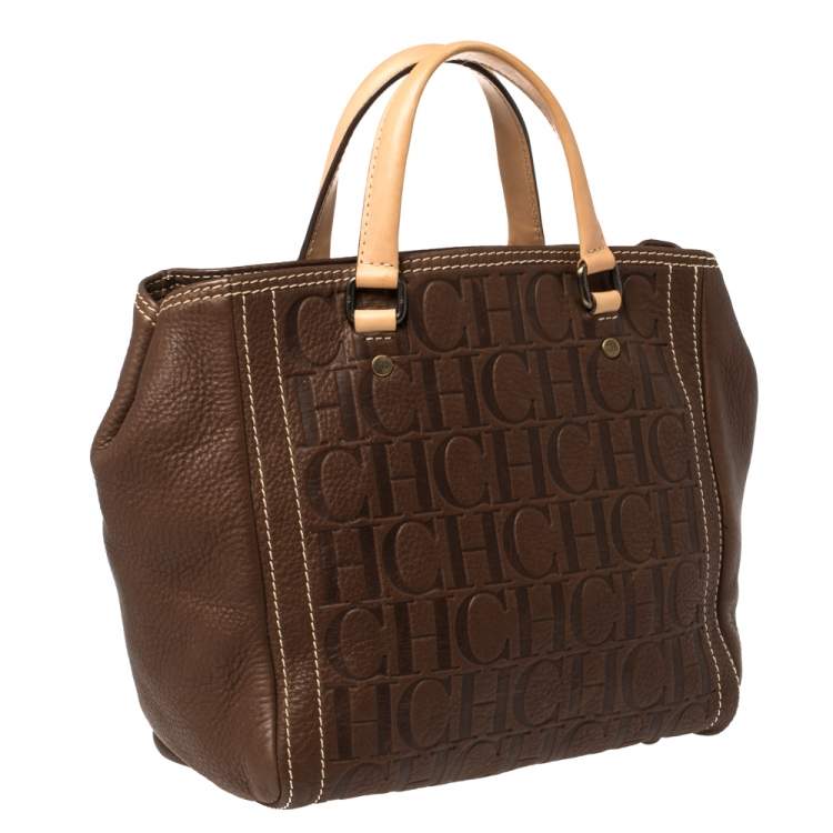Pre Owned Carolina Herrera Dark Brown Monogram Embossed Leather Tote