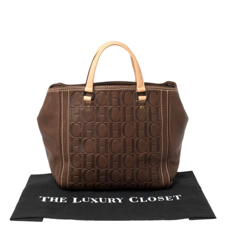 Pre Owned Carolina Herrera Dark Brown Monogram Embossed Leather Tote