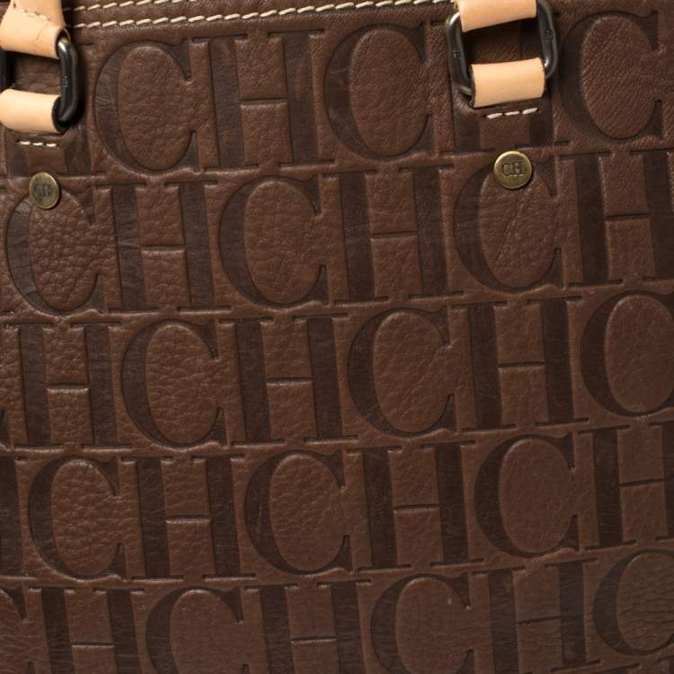 Pre Owned Carolina Herrera Dark Brown Monogram Embossed Leather Tote