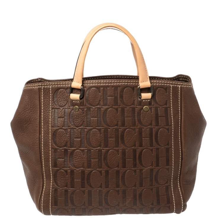 Pre Owned Carolina Herrera Dark Brown Monogram Embossed Leather Tote