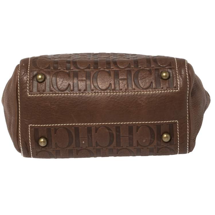 Pre Owned Carolina Herrera Dark Brown Monogram Embossed Leather Tote