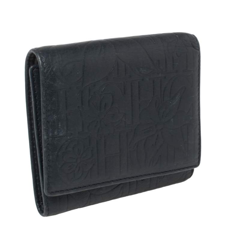 Pre Owned Carolina Herrera Navy Blue Monogram Leather Trifold Compact Wallet