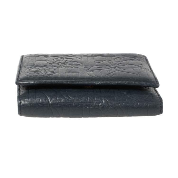 Pre Owned Carolina Herrera Navy Blue Monogram Leather Trifold Compact Wallet