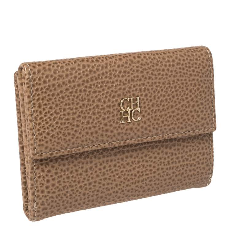 Pre Owned Carolina Herrera Beige Leather Card Holder Wallet
