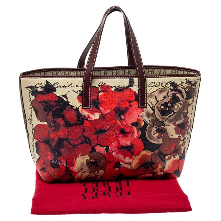 Pre Owned  Carolina Herrera Multicolor Floral Print Leather Shopper Tote