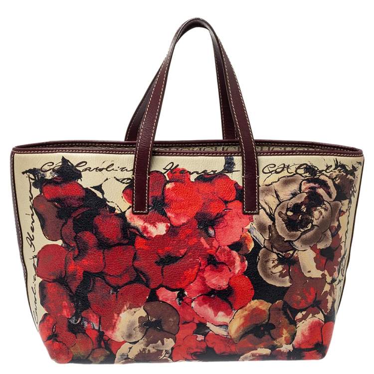 Pre Owned  Carolina Herrera Multicolor Floral Print Leather Shopper Tote