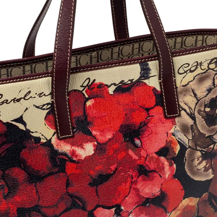 Pre Owned  Carolina Herrera Multicolor Floral Print Leather Shopper Tote