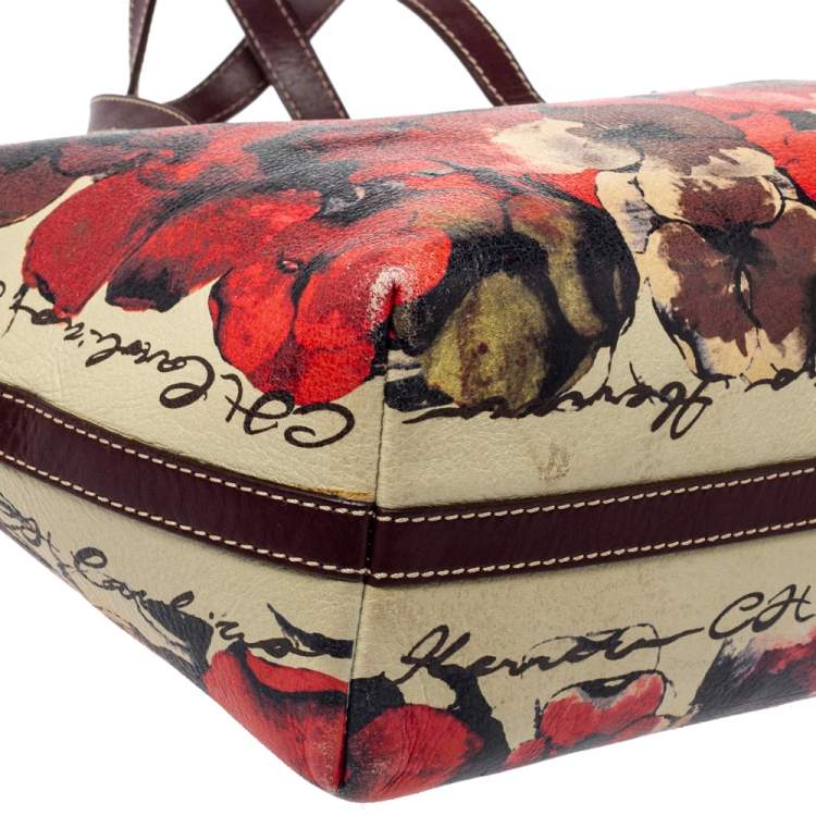 Pre Owned  Carolina Herrera Multicolor Floral Print Leather Shopper Tote