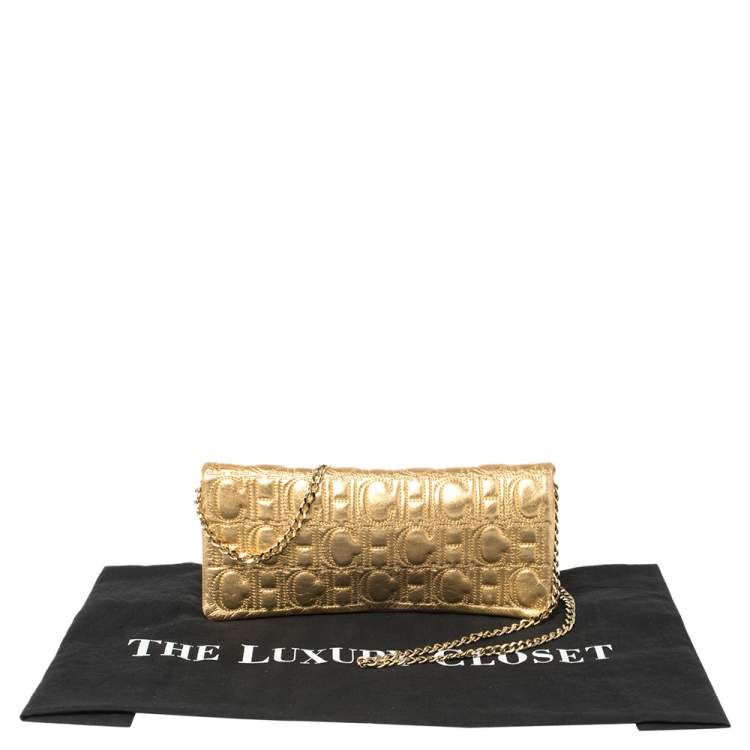 Pre Owned Carolina Herrera Gold Monogram Leather Jerry Chain Clutch