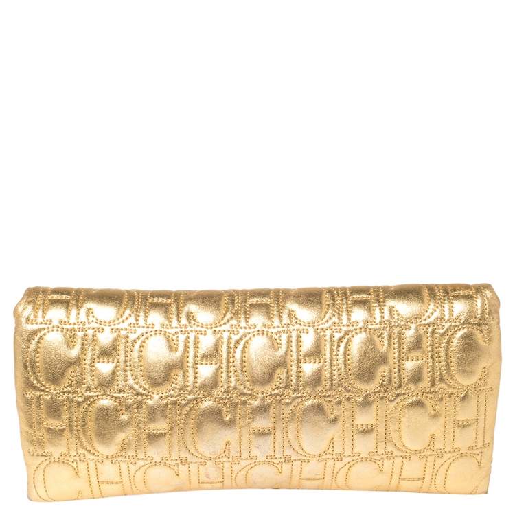 Pre Owned Carolina Herrera Gold Monogram Leather Jerry Chain Clutch