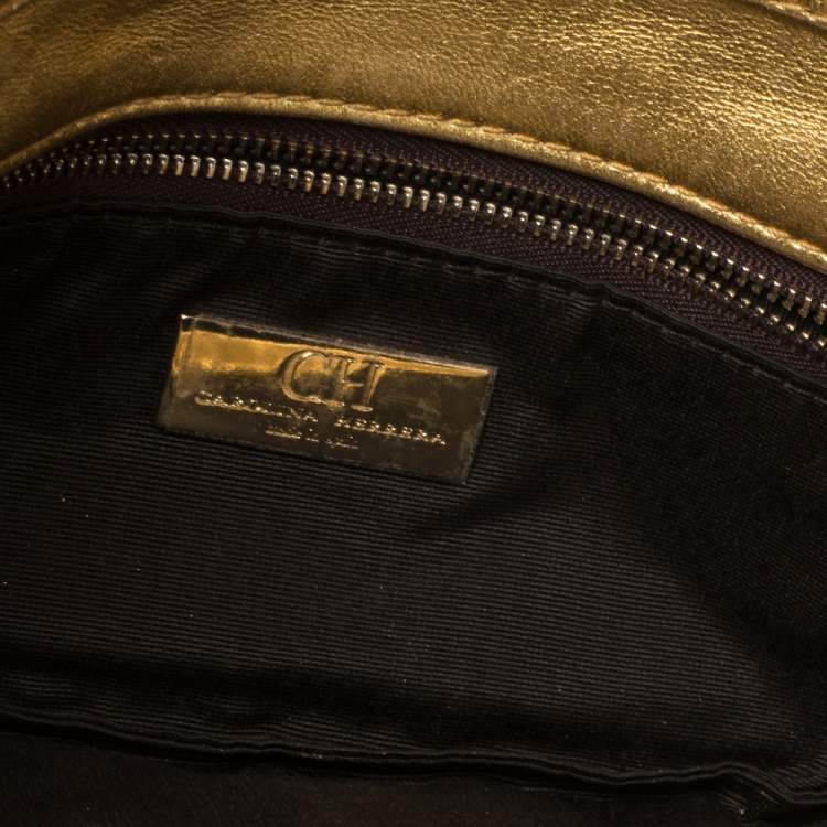 Pre Owned Carolina Herrera Gold Monogram Leather Jerry Chain Clutch