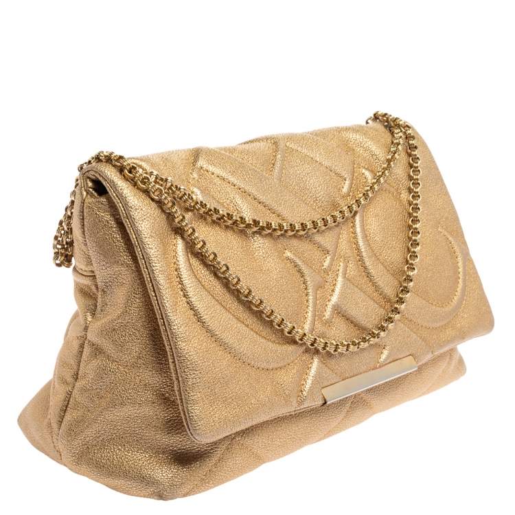 Pre Owned Carolina Herrera Metallic Gold Quilted Leather Flap Chain Shoulder Bag