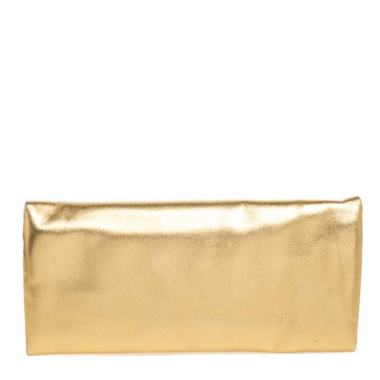 Pre Owned Carolina Herrera Gold Leather Flap Logo Clutch