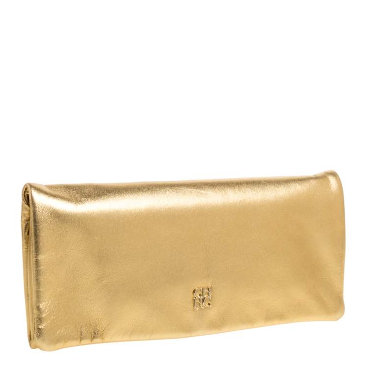 Pre Owned Carolina Herrera Gold Leather Flap Logo Clutch